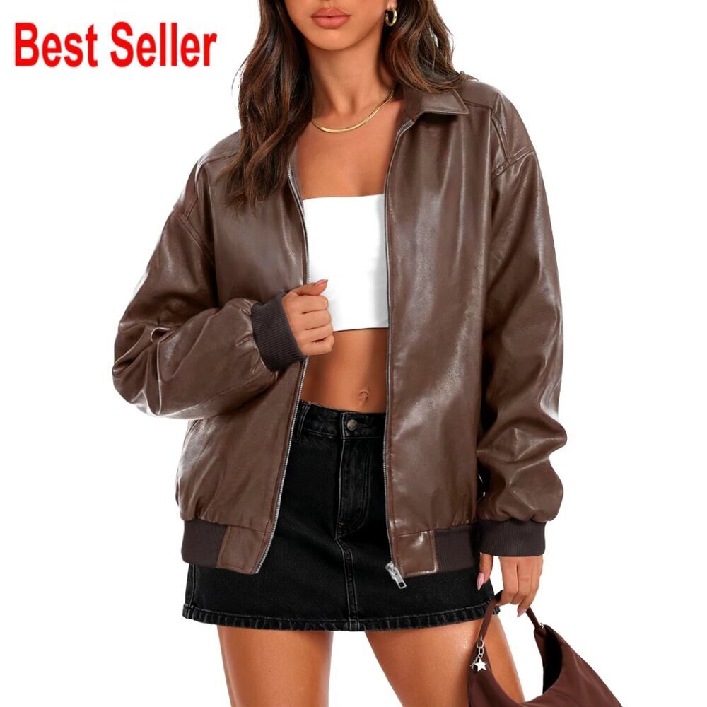 Oversized Faux Leather Motorcycle Jacket, Full Zip, Drop Shoulder, S-XL